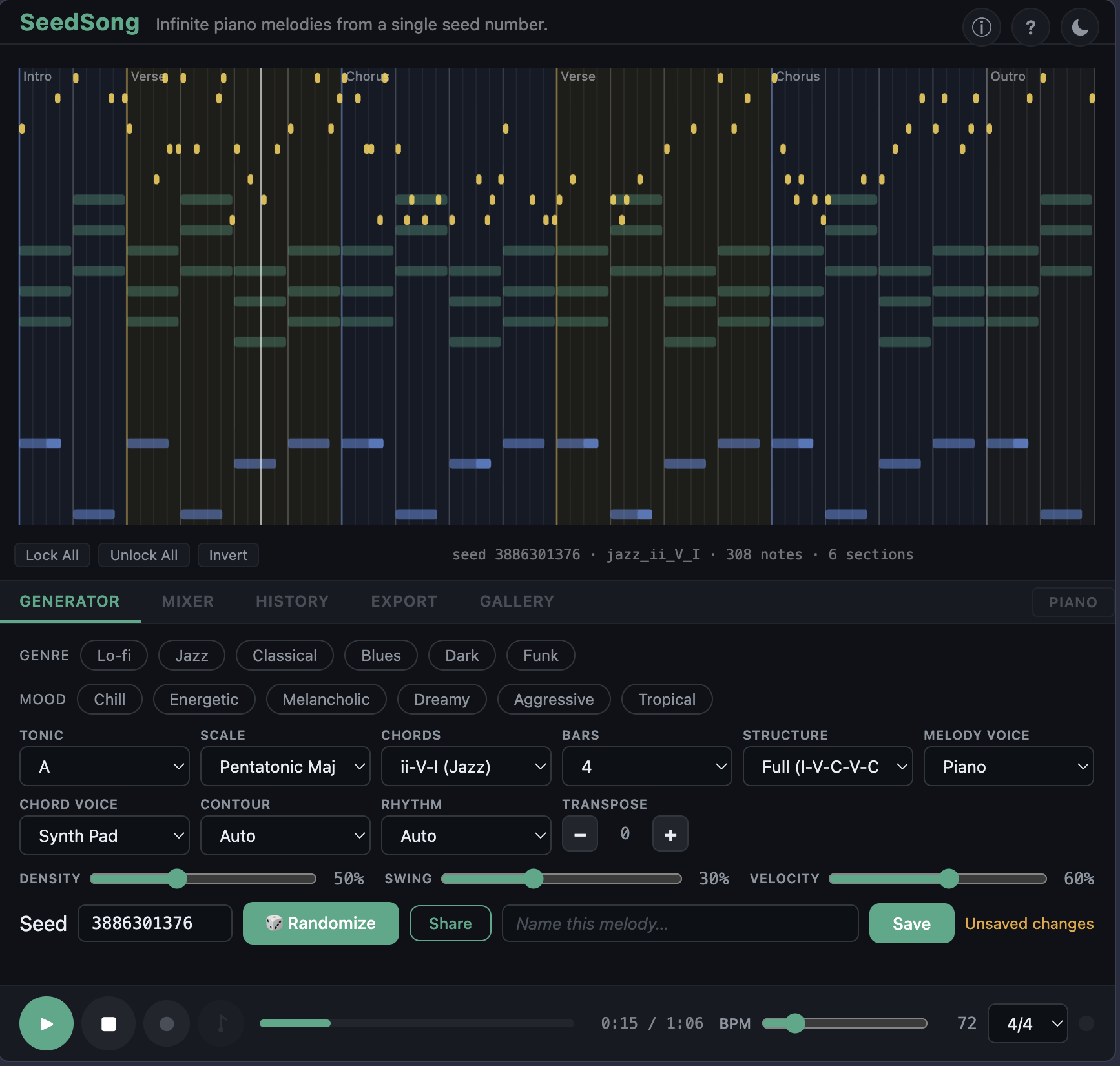 SeedSong generator view — score canvas showing a multi-section song with genre presets and generator controls