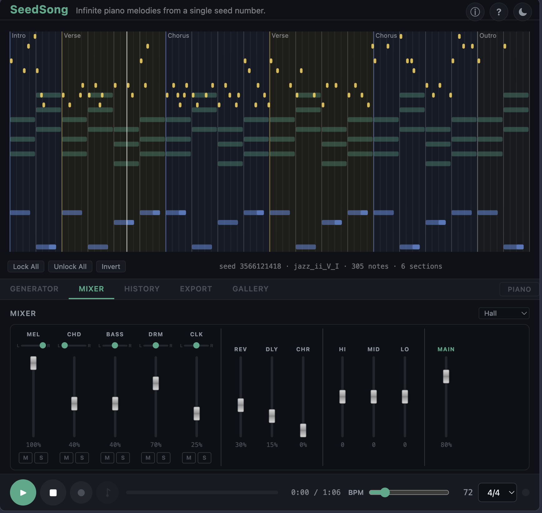 SeedSong mixer view — per-track volume faders, pan knobs, reverb, delay, chorus, and EQ